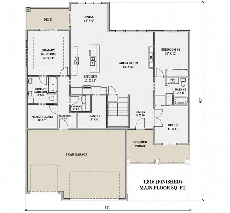 Main Floor: 2BR, 2BA, Office, Great Room, Kitchen, Dining, Pantry, Ldry, Mudroom, 3-car garage, Deck, Porch, Fireplace, Stairs. House Plan # 7140-00014 Main Floor Floor Plan Drawing by America's Best House Plans, Inc.