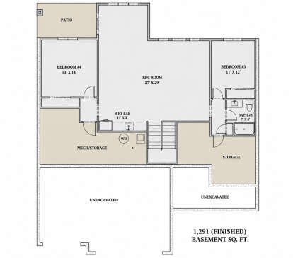 Basement: 2 BR, 1 BA, Rec Room, Wet Bar, Stairs, Patio. Mech/Storage areas. Unheated: unexcavated areas. House Plan # 7140-00014 Basement Floor Plan Drawing by America's Best House Plans, Inc.