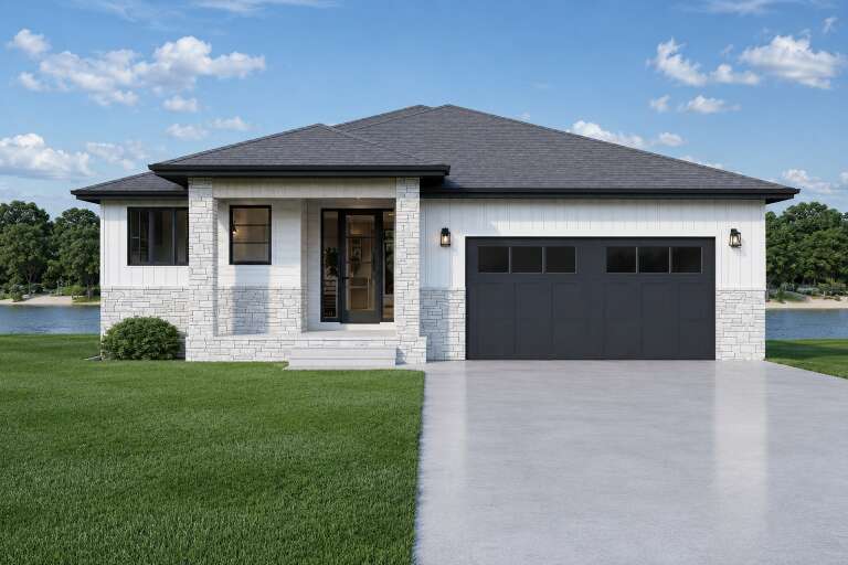 White and grey, Front Elevation, board-and-batten siding, stone veneer, black garage door, sconces, and grassy lawn. House Plan # 7140-00015 Digital Rendering by America's Best House Plans, Inc.