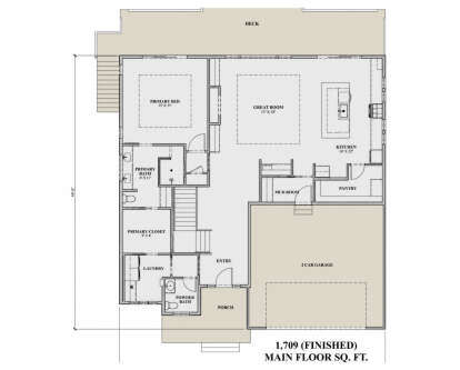 Main Floor: 1BR, 1.5BA, Great Room, Kitchen, Pantry, Mud Room, Ldry, WIC, 2-car garage, stairs, porch, deck. Tray ceilings. House Plan # 7140-00015 Main Floor Floor Plan Drawing by America's Best House Plans, Inc.