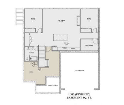 Basement: 2BR, 1BA, Rec Room, Wet Bar, Flex Room, Mech room, stairs. Unheated: Unexcavated areas. 1,313 finished sq ft. House Plan # 7140-00015 Basement Floor Plan Drawing by America's Best House Plans, Inc.