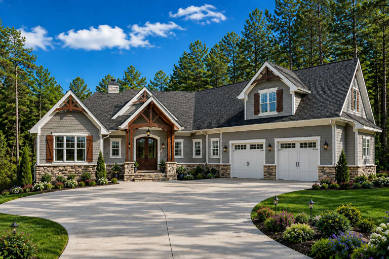 Cream Craftsman, Angled Front Elevation, stucco siding, stone accents, wood garage doors, sconce lighting, lush gardens. House Plan # 6102-00007 Digital Rendering by America's Best House Plans, Inc.