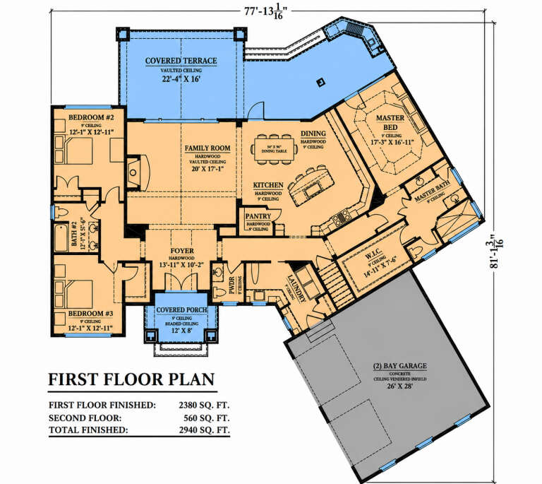 Main Floor: 3BR, 2.5BA, Foyer, Vaulted Family, Dining, Kitchen, Pantry, Ldry, 2-car garage, Covered Terrace, Porch, WIC. House Plan # 6102-00007 Main Floor Floor Plan Drawing by America's Best House Plans, Inc.
