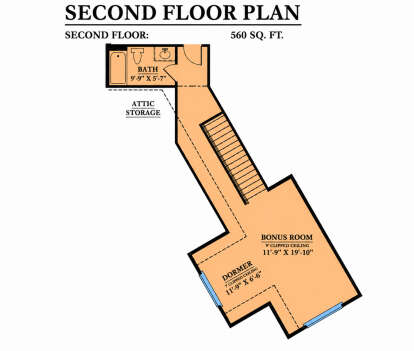 Bonus Room, 1 BA, stairs, attic storage, 9' clipped ceiling in Bonus Room, 7' clipped ceiling in dormer. 560 sq. ft. House Plan # 6102-00007 Bonus Room Floor Plan Drawing by America's Best House Plans, Inc.