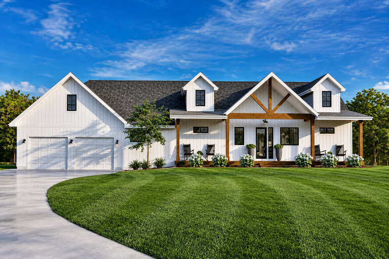 White Modern Farmhouse, Front Elevation, board-and-batten siding, timber accents, porch rockers, and manicured lawn. House Plan # 7140-00016 Digital Rendering by America's Best House Plans, Inc.