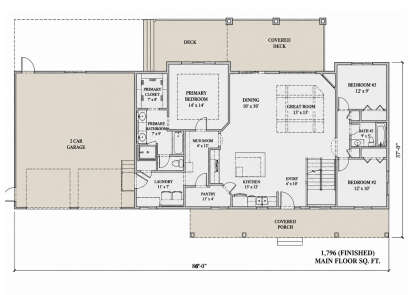 Main Floor: 3BR, 2BA, Great Room, Dining, Kitchen, Pantry, Mud, Ldry, 2-car garage, Deck, Covered Deck, Porch, Stairs, WIC. House Plan # 7140-00016 Main Floor Floor Plan Drawing by America's Best House Plans, Inc.