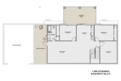 Basement: 2BR, 1BA, Rec Room, Wet Bar, Exercise room, Stairs, Covered Patio, Storage/Mech. Unheated: Unexcavated area. House Plan # 7140-00016 Basement Floor Plan Drawing by America's Best House Plans, Inc.