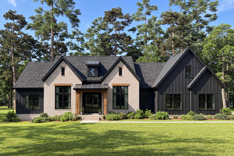 Front view of a black and beige house in Modern Transitional style, brick and board-and-batten siding, gabled roof. House Plan # 009-00533