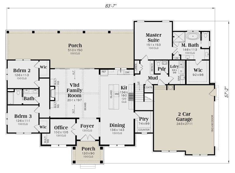 Main floor plan drawing with 3BR, 2.5BA, vlt family room, office, kitchen, pantry, Ldry, WIC, 2-car garage, and 2 porches. House Plan # 009-00533