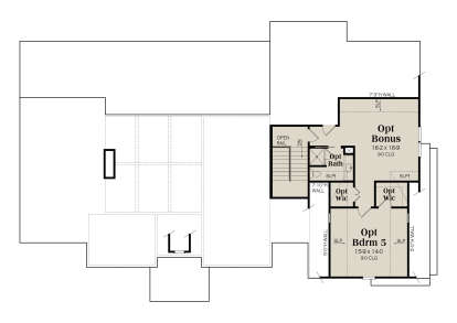 Optional second-floor plan drawing with 1BR, opt bath, 2 opt WIC, bonus room, stairs, and open-to-below area. House Plan # 009-00533