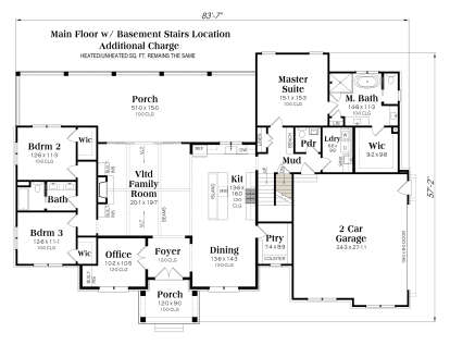 Main Floor floor plan drawing with 3BR, 2.5BA, vltd family room, office, pantry, mudroom, Ldry, 2-car garage, and porches. House Plan # 009-00533