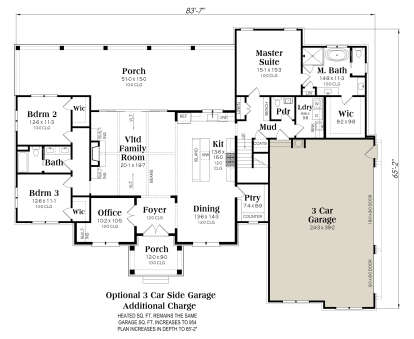 Main floor plan drawing with 3BR, 2.5BA, vaulted family room, office, kitchen, pantry, Ldry, 3-car garage, and 2 porches. House Plan # 009-00533