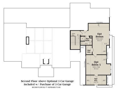 Second floor plan drawing with 1BR, opt bath, opt bonus room, 2 WIC, stairs, and open-to-below area. House Plan # 009-00533