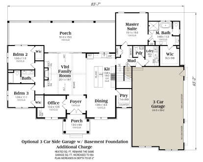 First-floor plan drawing with 3BR, 2.5BA, vaulted family room, office, kitchen, pantry, 3-car garage, and 2 porches. House Plan # 009-00533