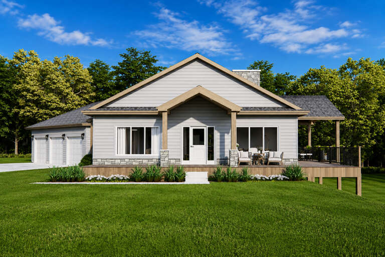 Grey Country, Front Elevation, lap siding, stone base, wood porch beams, deck, garage lights, and lush lawn landscaping. House Plan # 7140-00017 Digital Rendering by America's Best House Plans, Inc.