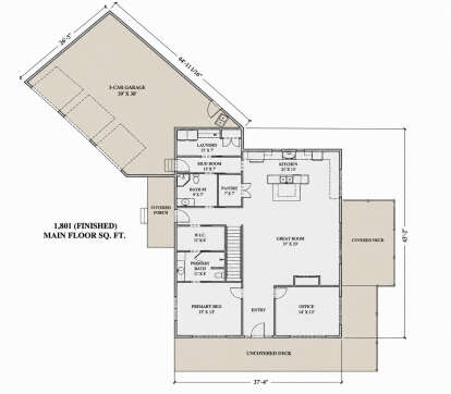Main Floor: 1BR, 2BA, Great Room, Kitchen, Office, Pantry, Mud, Ldry, WIC, 3-car garage, stairs, covered porch & deck. House Plan # 7140-00017 Main Floor Floor Plan Drawing by America's Best House Plans, Inc.
