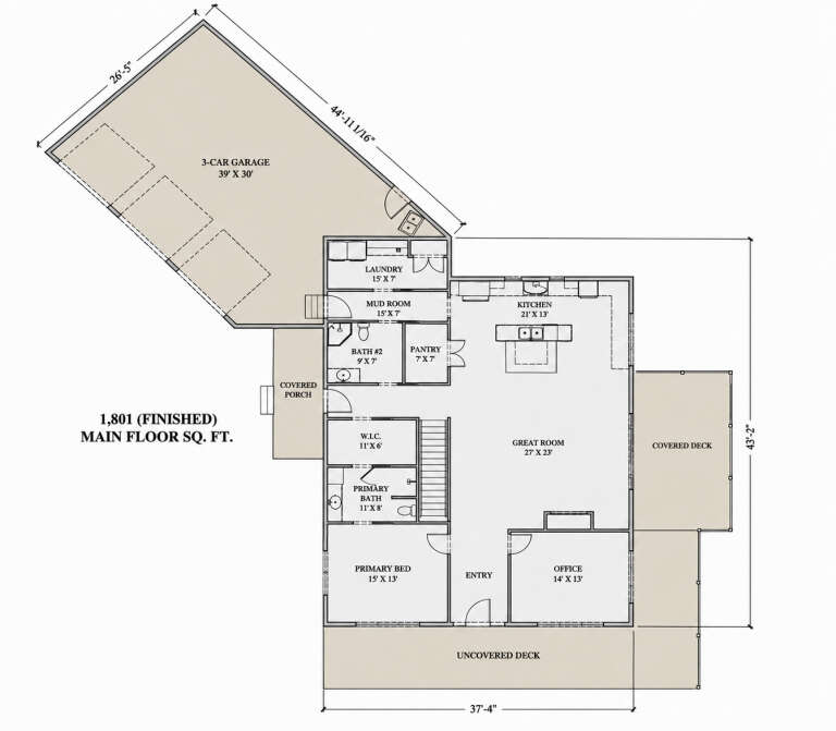 Main Floor: 1BR, 2BA, Great Room, Kitchen, Office, Pantry, Mud, Ldry, WIC, 3-car garage, stairs, covered porch & deck. House Plan # 7140-00017 Main Floor Floor Plan Drawing by America's Best House Plans, Inc.