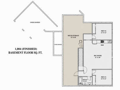 Basement: 2 Bed, 1 Bath, Rec Room, Bar, Mech/Storage, Stairs. Unheated: Unexcavated areas. 1,004 sq ft finished. House Plan # 7140-00017 Basement Floor Plan Drawing by America's Best House Plans, Inc.