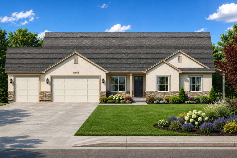 Beige Traditional Front Elevation, stucco and stone siding, dark roof, lantern fixtures, lush landscaping, concrete drive. House Plan # 8768-00232 Digital Rendering by America's Best House Plans, Inc.