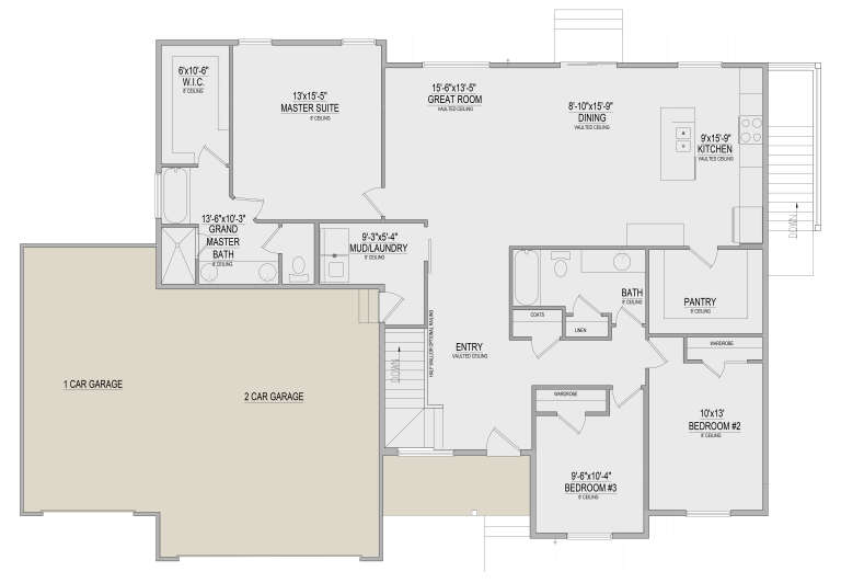 Main Floor: 3BR, 2BA, Vaulted Great Room, Dining, Kitchen, Mud/Ldry, Pantry, 2-car garage, WIC, stairs, covered entry. House Plan # 8768-00232 Main Floor Floor Plan Drawing by America's Best House Plans, Inc.