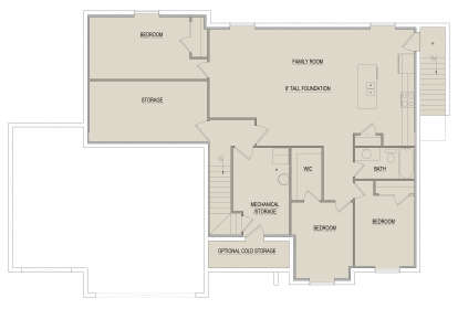 Basement: 3BR, 1BA, Family Rm, WIC, Mechanical/Storage, Cold Storage, 8' foundation, stairs. Unheated: Storage areas. House Plan # 8768-00232 Basement Floor Plan Drawing by America's Best House Plans, Inc.