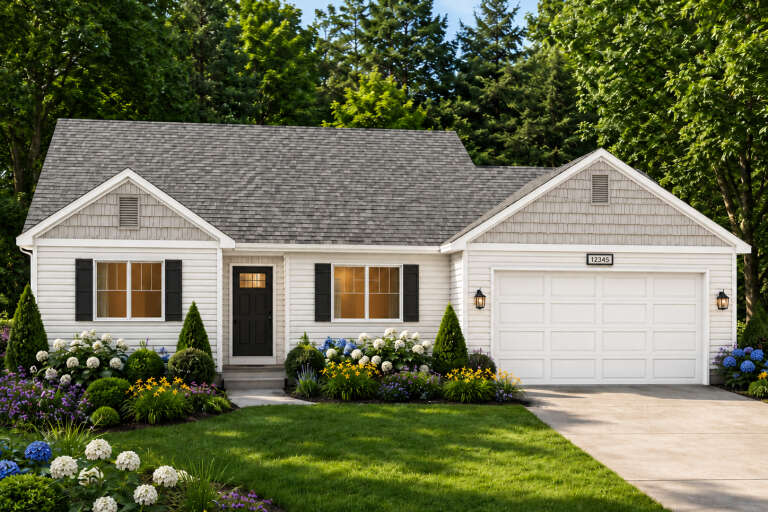White Traditional, Angled Front Elevation, horizontal siding, shake gables, black shutters, lanterns, lush landscaping. House Plan # 8768-00233 Digital Rendering by America's Best House Plans, Inc.