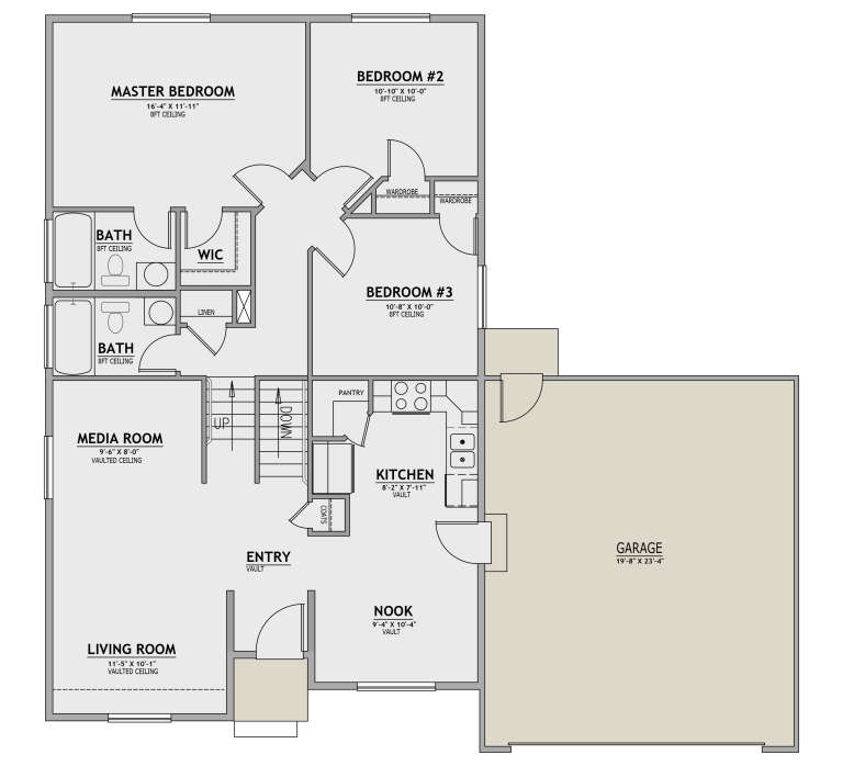 Main Floor: 3BR, 2BA, Living, Media, Kitchen, Nook, Pantry, WIC, 2-car garage, stairs. Vaulted ceilings in main rooms. House Plan # 8768-00233 Main Floor Floor Plan Drawing by America's Best House Plans, Inc.