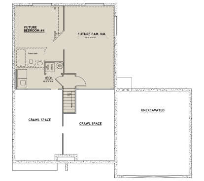 Basement: Future BR, Future Fam Rm, Future BA, Mech room, stairs. Unheated: Crawl space, unexcavated area. House Plan # 8768-00233 Basement Floor Plan Drawing by America's Best House Plans, Inc.