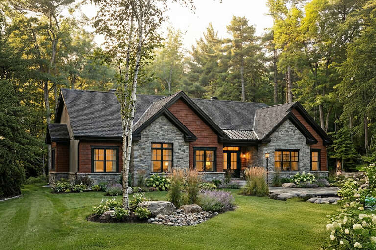Grey and Brown Craftsman, Angled Front Elevation, stone siding, cedar shakes, black windows, lush landscaping, birch tree. House Plan # 034-01445 Digital Rendering by America's Best House Plans, Inc.