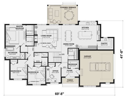 Main Floor: 3BR, 1BA, Living, Dining, Kitchen, Pantry, Office, Mudroom, Foyer, 2-car garage, 2 WIC, Covered Terrace, Porch. House Plan # 034-01445 Main Floor Floor Plan Drawing by America's Best House Plans, Inc.