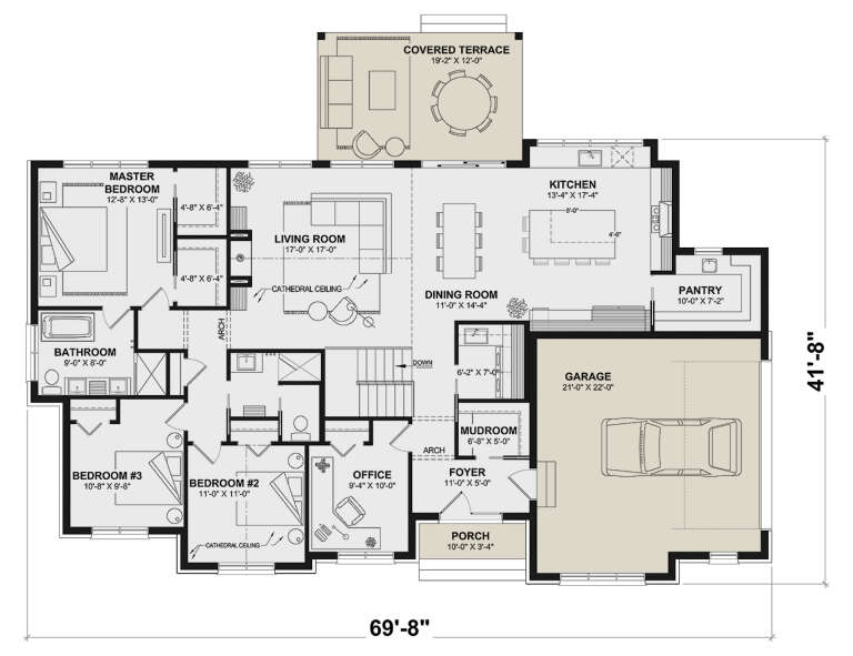 Main Floor: 3BR, 1BA, Living, Dining, Kitchen, Pantry, Office, Mudroom, Foyer, 2-car garage, 2 WIC, Covered Terrace, Porch. House Plan # 034-01445 Main Floor Floor Plan Drawing by America's Best House Plans, Inc.