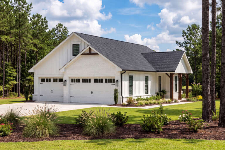 White Modern Farmhouse, Angled Front Elevation, board-and-batten, brick, dark roof, wood posts, and manicured landscaping. House Plan # 041-00454 Digital Rendering by America's Best House Plans, Inc.