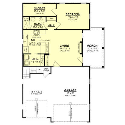 Main Floor: 1BR, 1BA, Living, Kitchen, Ldry, WIC, 3-car garage, Porch, Elec. Fireplace. 10' ceilings. Unheated: Garage/Porch. House Plan # 041-00454 Main Floor Floor Plan Drawing by America's Best House Plans, Inc.