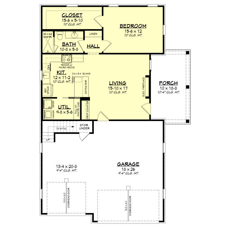 Main Floor: 1BR, 1BA, Living, Kitchen, Ldry, WIC, 3-car garage, Porch, Elec. Fireplace. 10' ceilings. Unheated: Garage/Porch. House Plan # 041-00454 Main Floor Floor Plan Drawing by America's Best House Plans, Inc.