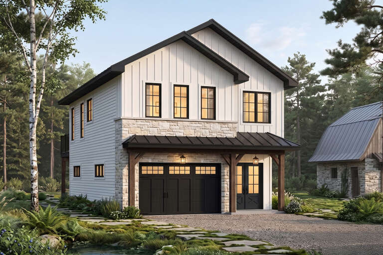 White Modern Farmhouse, Angled Front Elevation, board-and-batten siding, stone base, black garage, wood posts, forest. House Plan # 034-01446 Digital Rendering by America's Best House Plans, Inc.