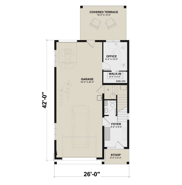First Floor: Office, 1 BA, Foyer, WIC, 2-car tandem garage, stairs, covered terrace, stoop. Unheated: garage, terrace, stoop. House Plan # 034-01446 First Floor Floor Plan Drawing by America's Best House Plans, Inc.