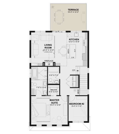 Main Floor: 2BR, 2BA, Living with cathedral ceiling & fireplace, Kitchen, WIC, Terrace, stairs to mezzanine. House Plan # 034-01446 Main Floor Floor Plan Drawing by America's Best House Plans, Inc.