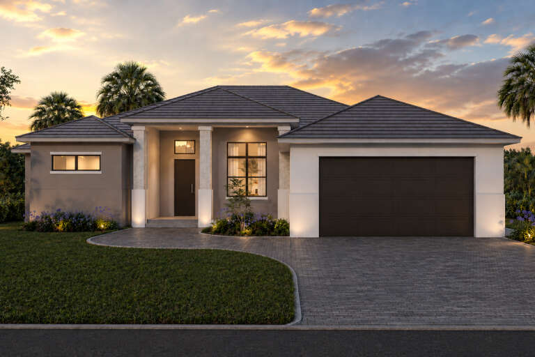 Grey Contemporary, Front Elevation at Dusk, stucco siding, stone columns, paver driveway, lit porch, and palm landscaping. House Plan # 5565-00183 Digital Rendering by America's Best House Plans, Inc.