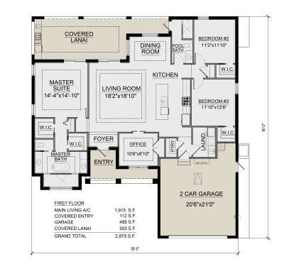 Main Floor: 3BR, 2.5BA, Living, Dining, Kitchen, Office, Ldry, Pantry, 2-car garage, Covered Lanai, Entry. 3 WICs. House Plan # 5565-00183 Main Floor  Floor Plan Drawing by America's Best House Plans, Inc.
