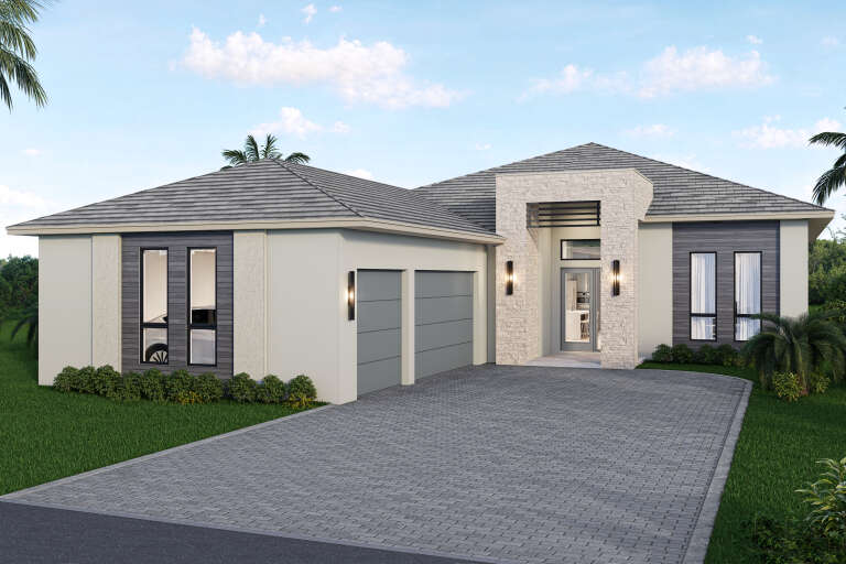 Beige Contemporary, Angled Front Elevation, stone facade, gray siding, paver driveway, wall sconces, and lush landscaping. House Plan # 5565-00184 Digital Rendering by America's Best House Plans, Inc.