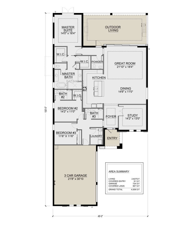 Main Floor: 3BR, 3.5BA, Great Room, Kitchen, Dining, Study, Ldry, 3-car garage, WICs, Outdoor Living. Unheated: garage, lanai. House Plan # 5565-00184 Main Floor  Floor Plan Drawing by America's Best House Plans, Inc.