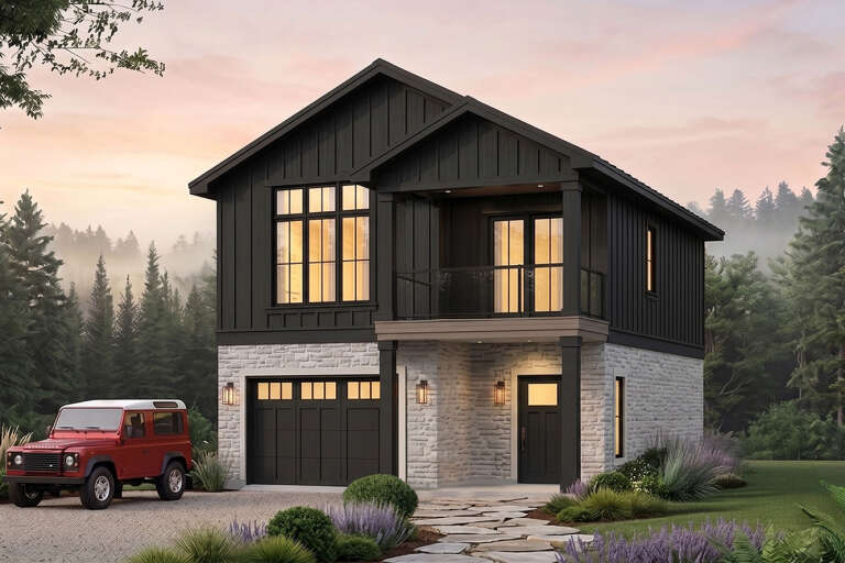 Black Modern Farmhouse, Angled Front Elevation, vertical siding, stone base, balcony, lit windows, and stone walkway. House Plan # 034-01447 Digital Rendering by America's Best House Plans, Inc.