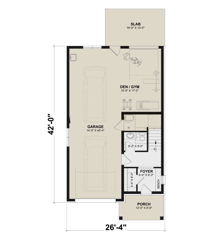 Garage Floor: 2-car garage, Den/Gym, 1 BA, Foyer, stairs, Porch, rear Slab. Unheated: garage, slab, porch areas. House Plan # 034-01447 First Floor/Garage Floor Floor Plan Drawing by America's Best House Plans, Inc.