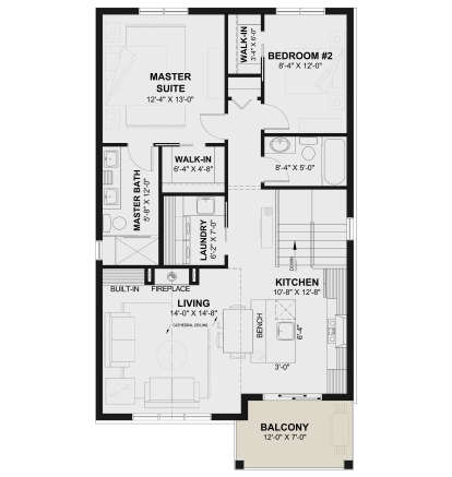 Main Floor: 2BR, 2BA, Kitchen, Living, Ldry, 2 WIC, Fireplace, Built-in, Stairs, Balcony. Cathedral ceiling in Living. House Plan # 034-01447 Main Floor Floor Plan Drawing by America's Best House Plans, Inc.