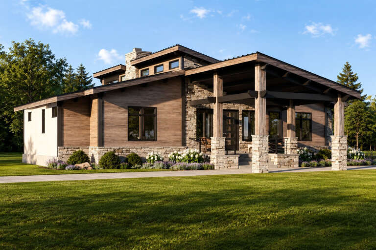 Brown Modern, Angled Front Elevation, wood siding, stone veneer, timber porch columns, concrete path, lush landscaping. House Plan # 5032-00480 Digital Rendering by America's Best House Plans, Inc.