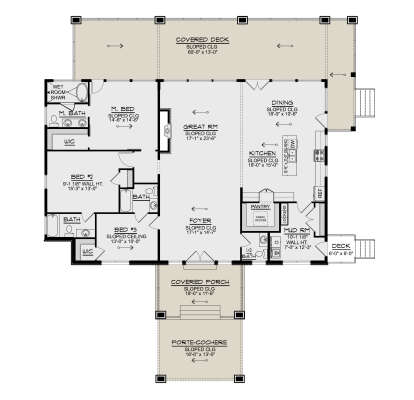 Main Floor: 3BR, 3.5BA, Great Rm, Kitchen, Dining, Pantry, Mud Rm, WIC, Sloped ceilings, Covered Deck, Porch, Porte-cochere. House Plan # 5032-00480 Main Floor  Floor Plan Drawing by America's Best House Plans, Inc.