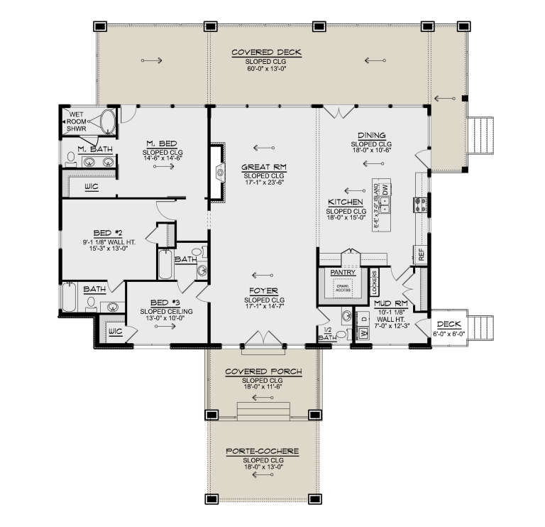 Main Floor: 3BR, 3.5BA, Great Rm, Kitchen, Dining, Pantry, Mud Rm, WIC, Sloped ceilings, Covered Deck, Porch, Porte-cochere. House Plan # 5032-00480 Main Floor  Floor Plan Drawing by America's Best House Plans, Inc.