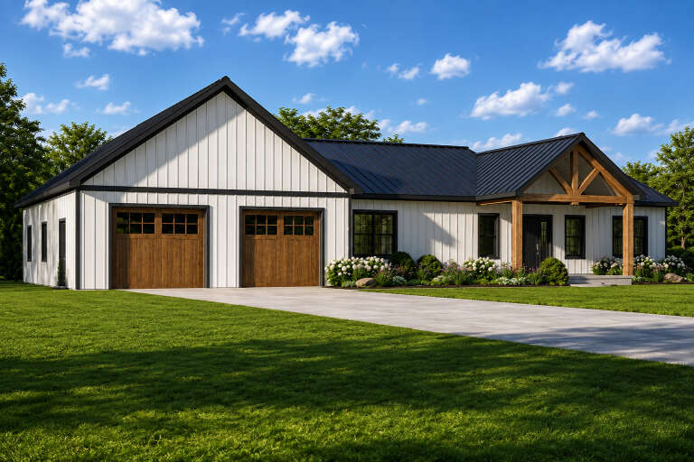 White Modern Farmhouse, Angled Front Elevation, board-and-batten siding, wood garage doors, timber porch, metal roof. House Plan # 5032-00481 Digital Rendering by America's Best House Plans, Inc.