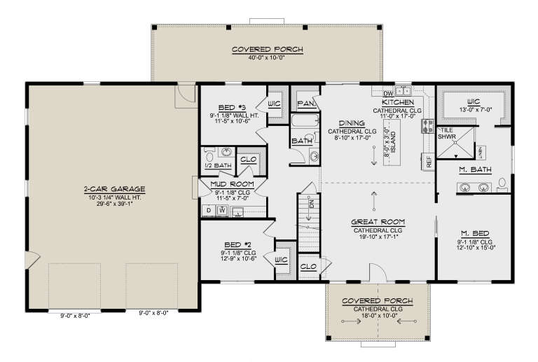 Main Floor: 3BR, 2.5BA, Great Rm, Kitchen, Dining, Mud Rm, 2-car garage, 2 Covered Porches, WICs, Cathedral ceilings. House Plan # 5032-00481 Main Floor Floor Plan Drawing by America's Best House Plans, Inc.