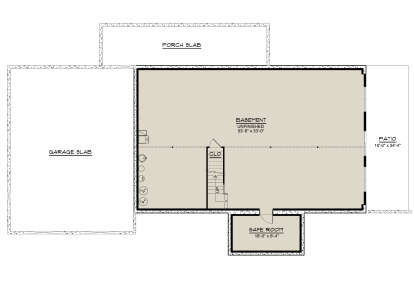 Basement: Unfinished space, Safe Room, stairs, closet. Unheated: Garage slab, Porch slab, Patio. House Plan # 5032-00481 Basement Floor Plan Drawing by America's Best House Plans, Inc.